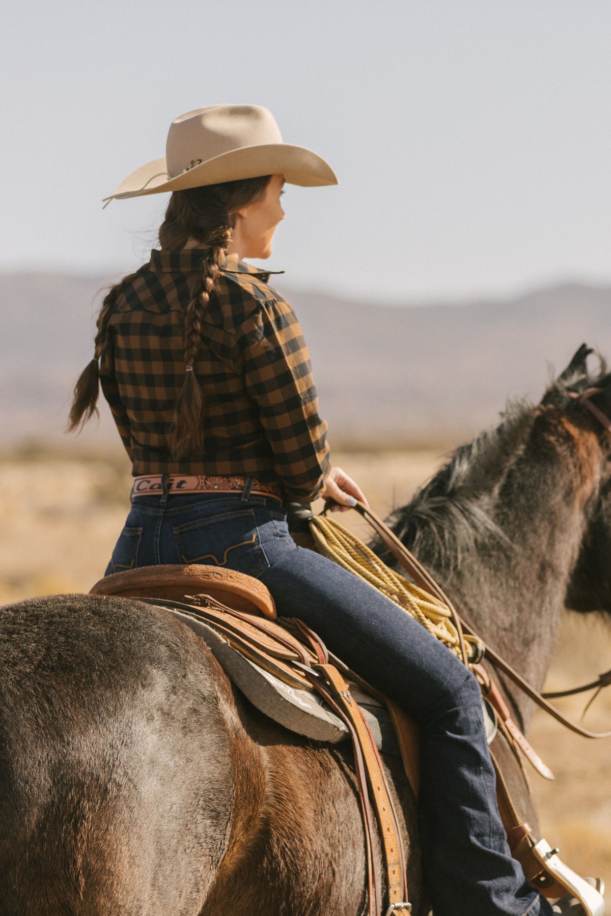 Kimes Ranch Ladies Garrison, back view, long sleeve plaid top with yoke and snap front