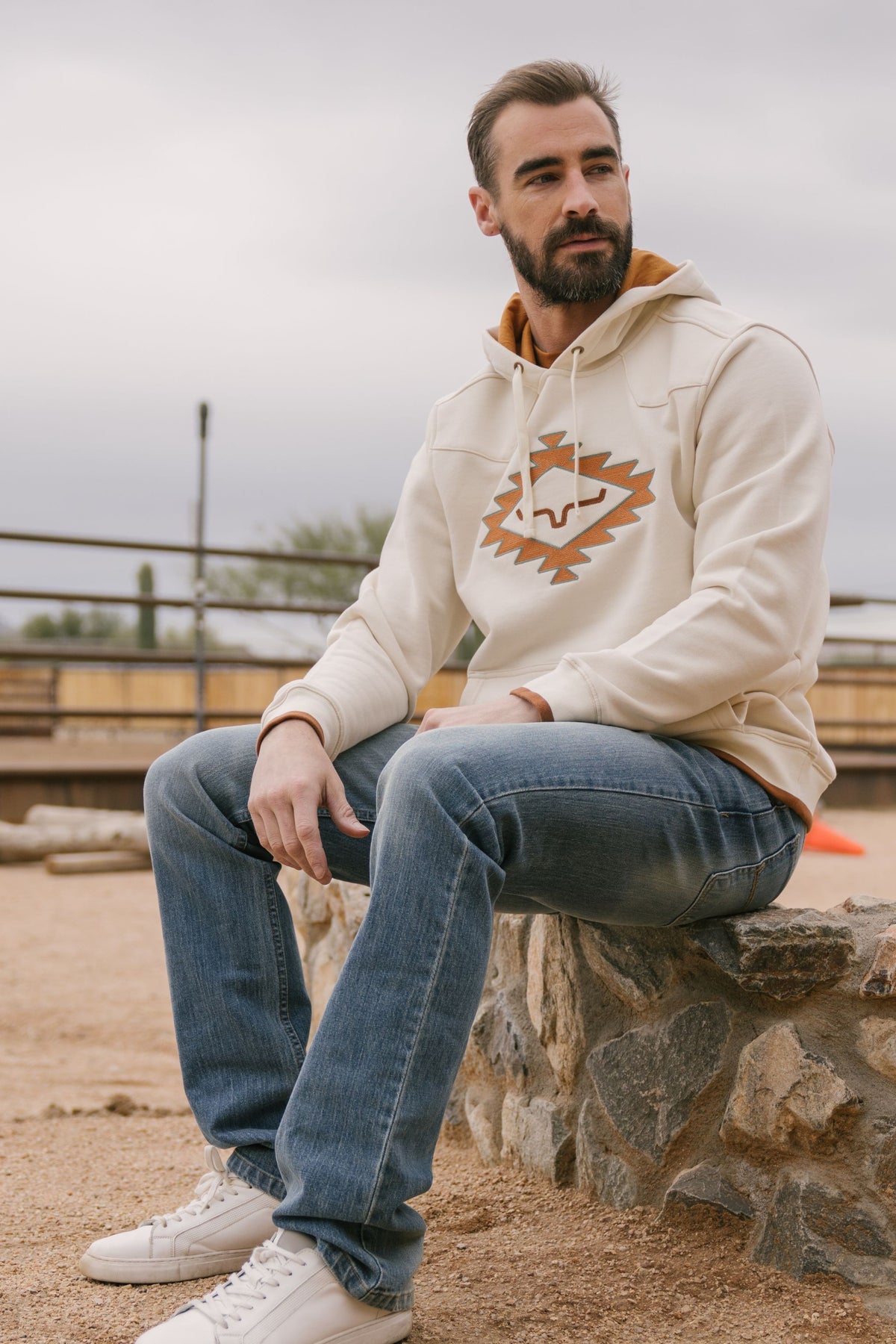 Kimes Ranch Berger hoodie in Natural with a front graphic print and a brown hood lining