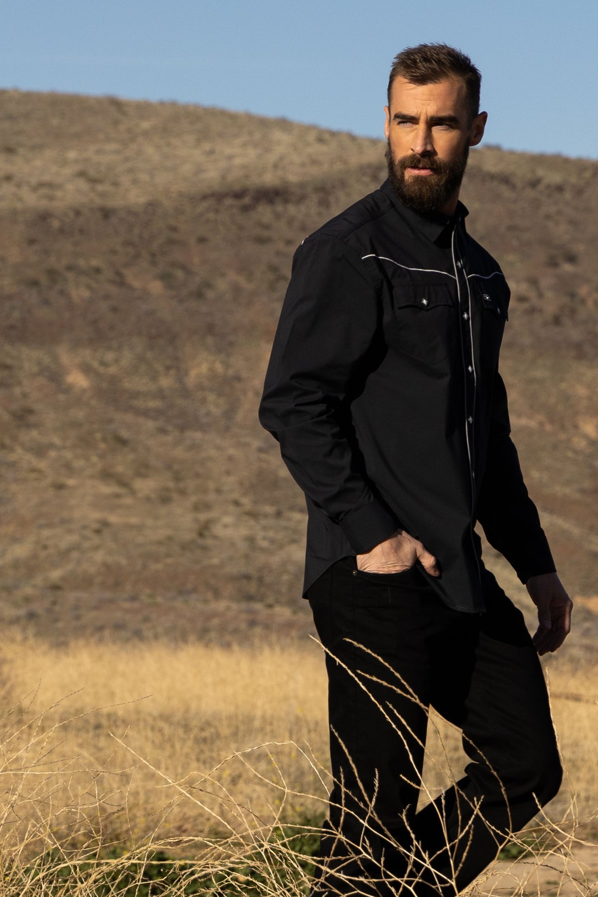 Kimes Ranch Laneboro Black dress shirt with contrast stitching and chest pockets
