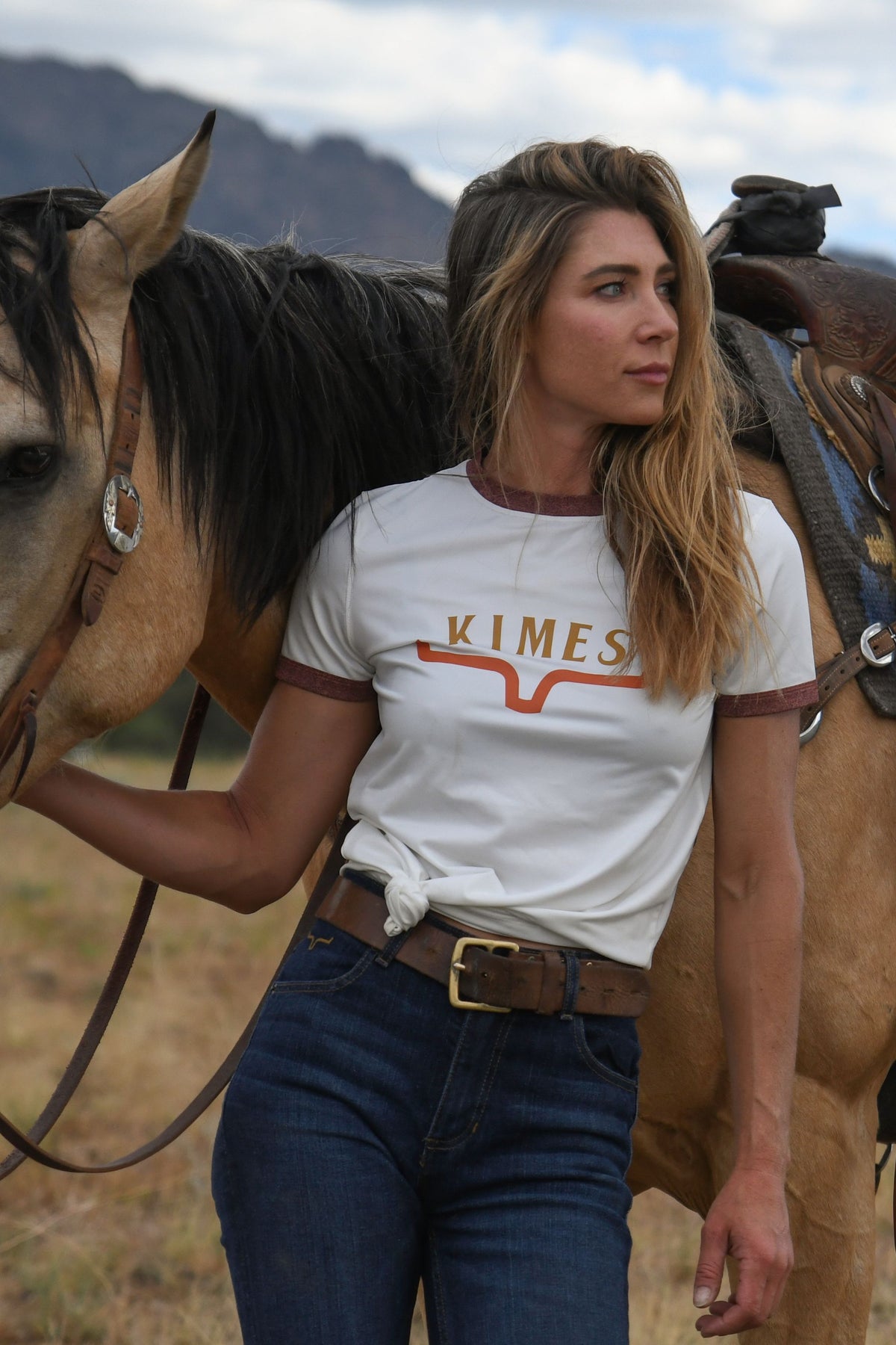 Kimes Ranch Fast Kimes Tech Tee in Natural with ringer collar and sleeve trim and KIMES graphic with longhorn logo