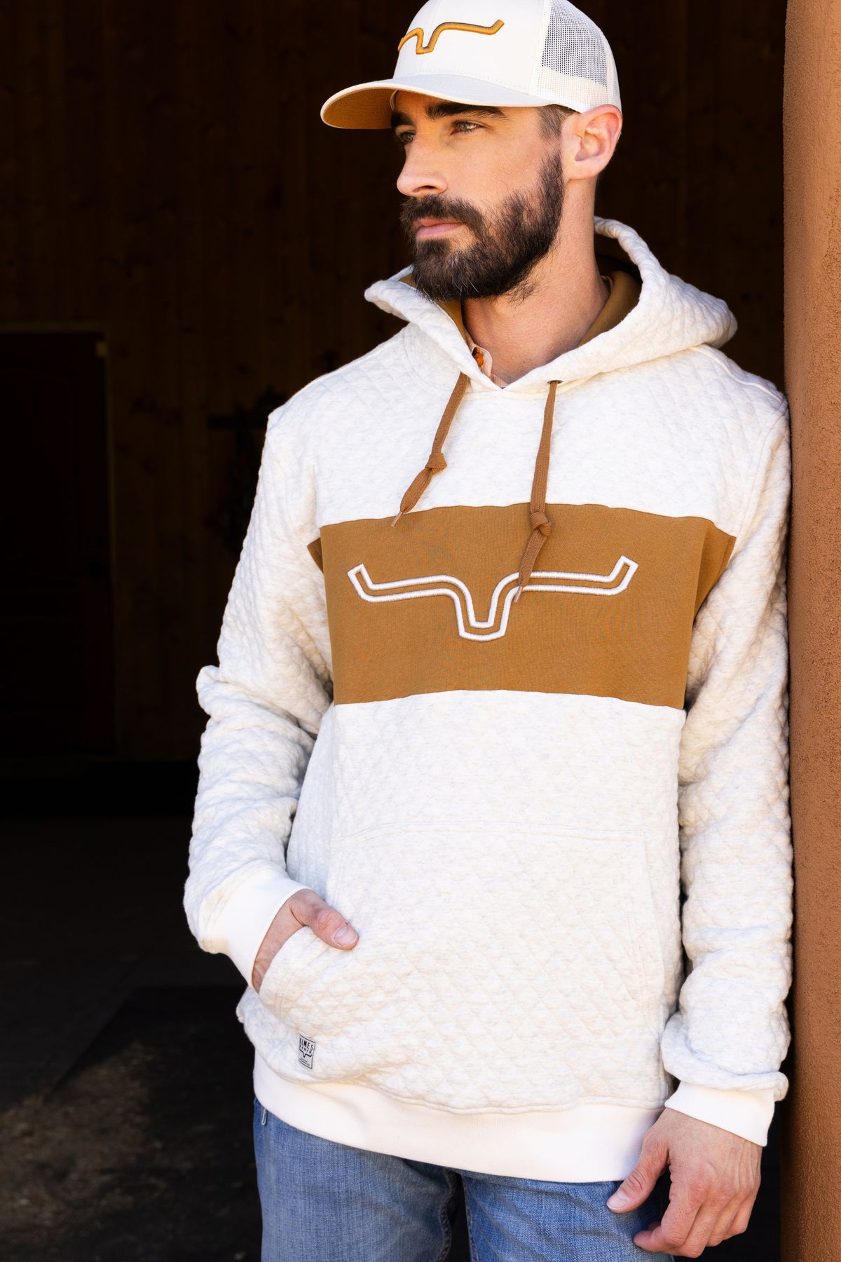 Kimes Ranch AF Ripon Hoodie in cream with a brown chest panel and white logo