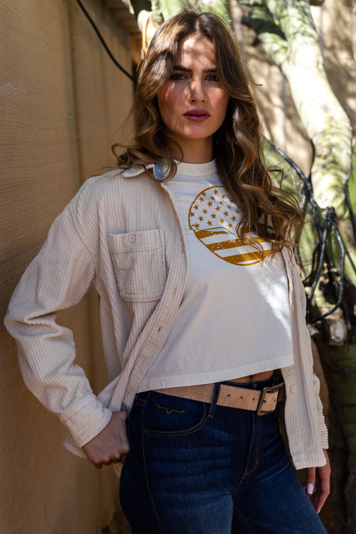 Kimes Ranch Luna Cord top in Tan with a front pocket and long sleeves