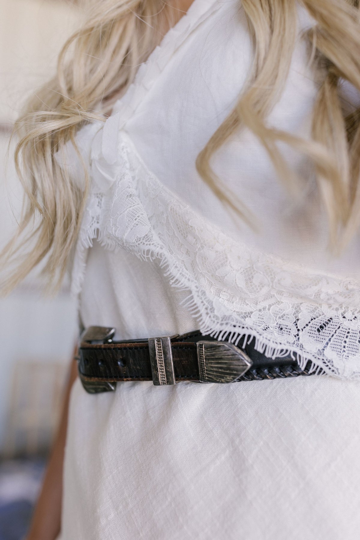 Kimes Ranch Francy dress in Natural, close-up, with a lace yoke and a dark belt