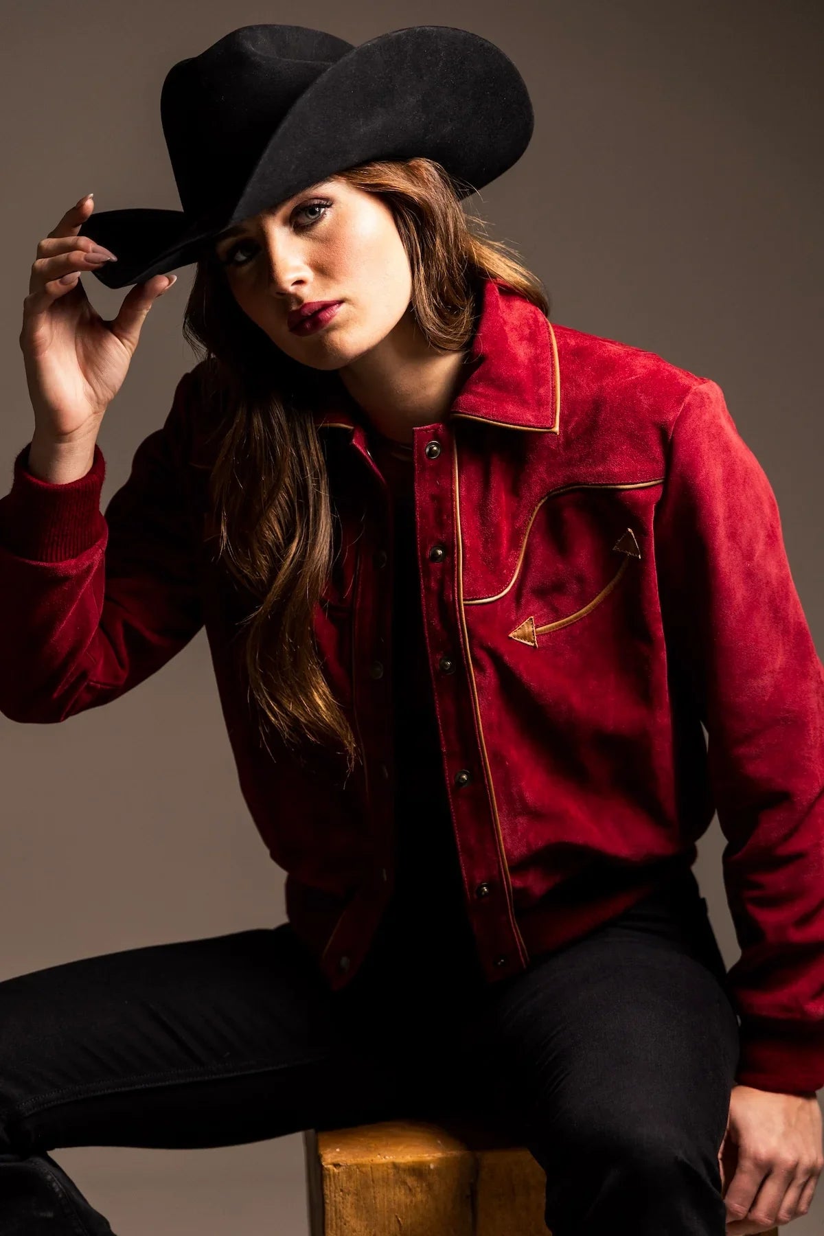 Kimes Ranch KR x Western & Co. Bomber Jacket in Wine with gold piping and snap buttons