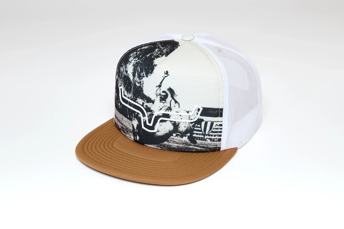Kimes Ranch Whalen, side view, hat with a black and white graphic print and a brown brim