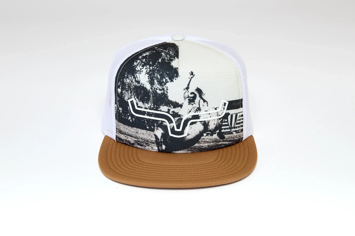 Kimes Ranch Whalen hat with a black and white rodeo graphic and a tan brim