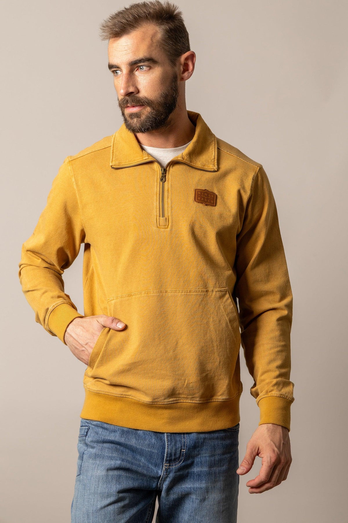 Kimes Ranch Wicklow sweatshirt in Gold with a half-zip collar and front kangaroo pocket