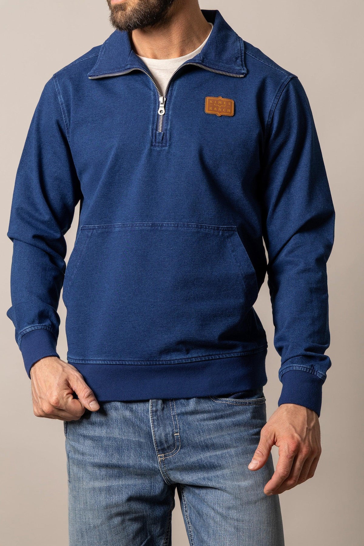 Kimes Ranch Wicklow sweatshirt in Indigo with a half-zip collar and front kangaroo pocket