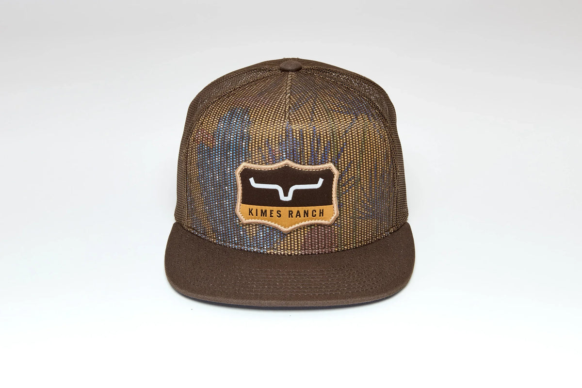 Kimes Ranch Willard Brown trucker hat with mesh back and Kimes Ranch logo patch