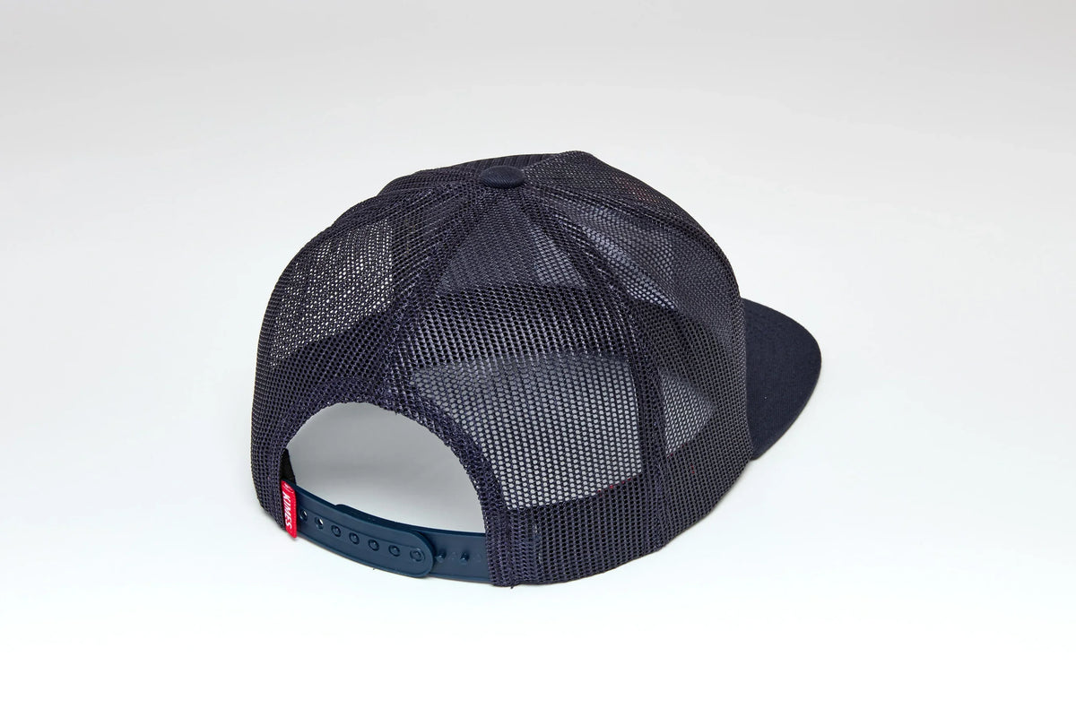 Kimes Ranch Willard hat in Navy, back view, with mesh back and adjustable strap