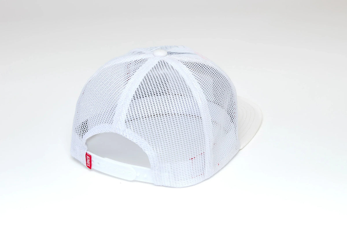 Kimes Ranch Willard, back view, White mesh trucker hat with adjustable strap and red logo tab