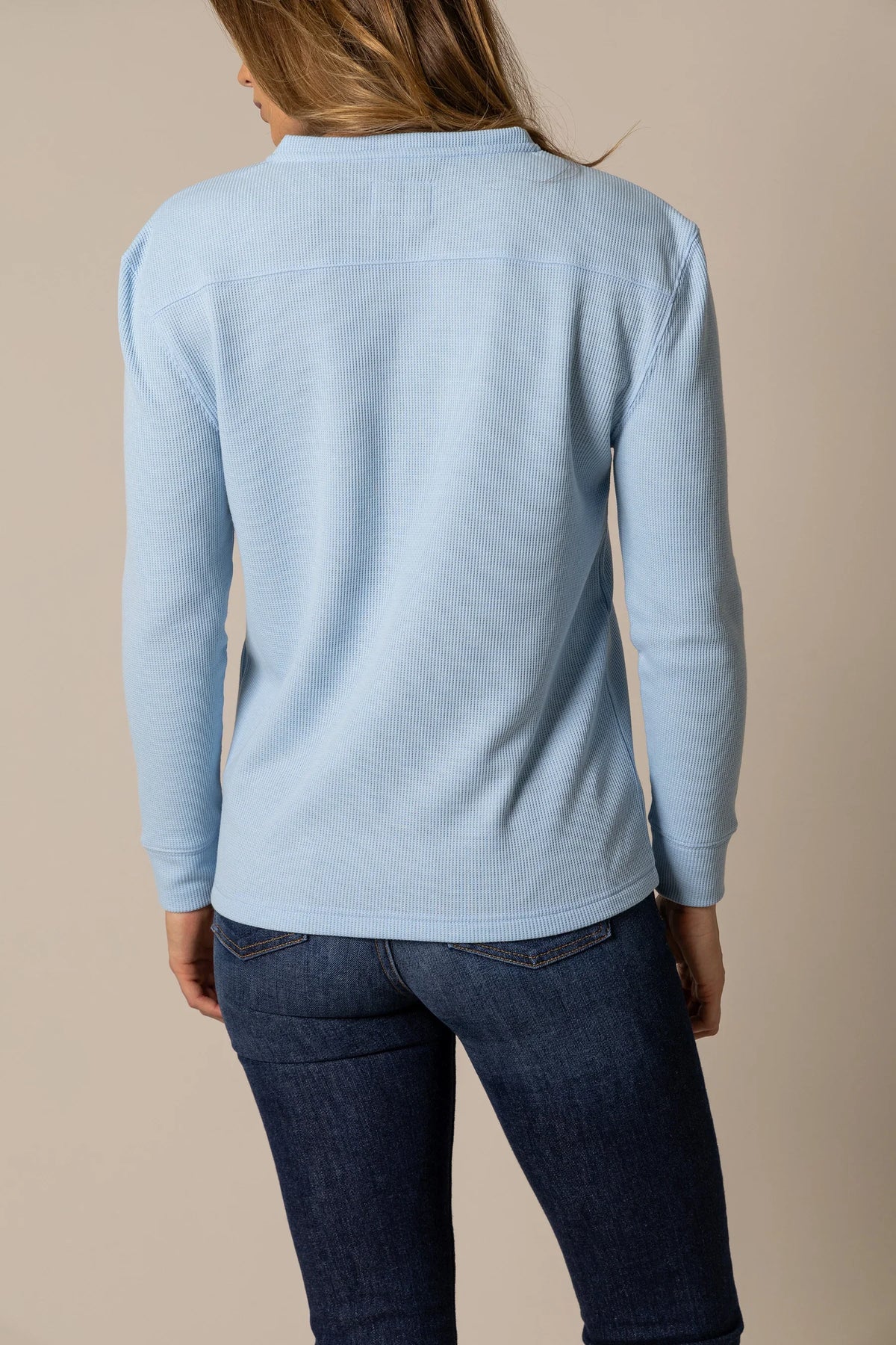 Kimes Ranch Wilma long sleeve top in Sky Blue, back view, with a ribbed texture and back yoke