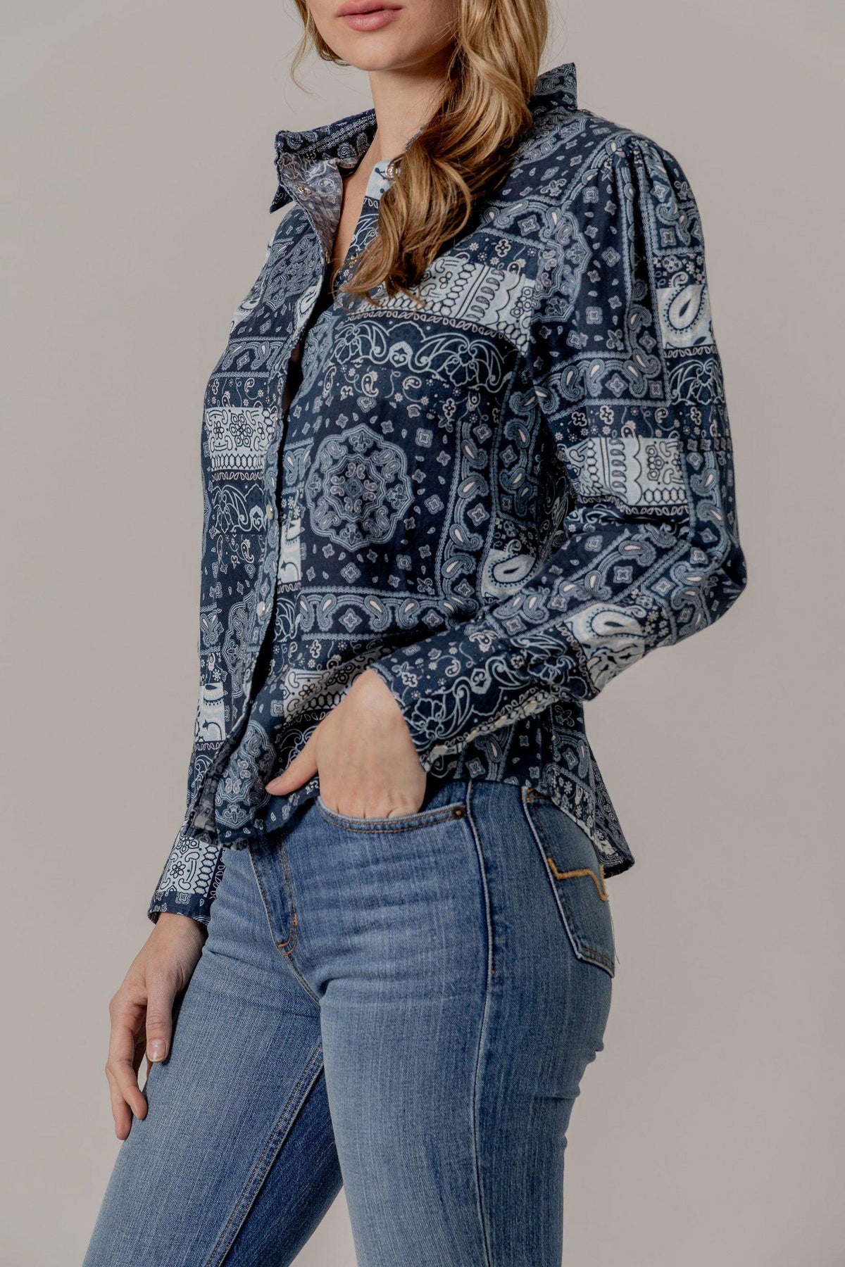 Kimes Ranch Winnie top in Blue, side view, with a bandana print and long sleeves