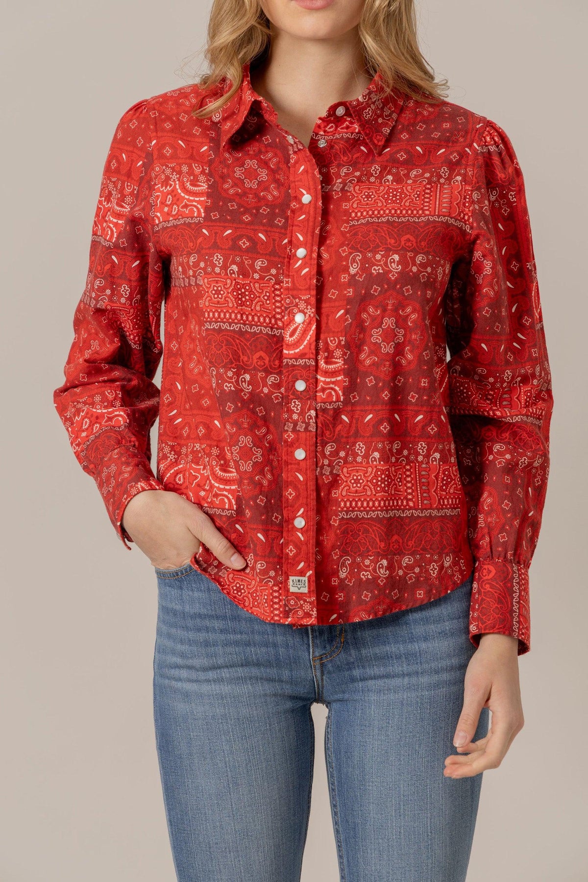 Kimes Ranch Winnie top in Red with a bandana print and long sleeves