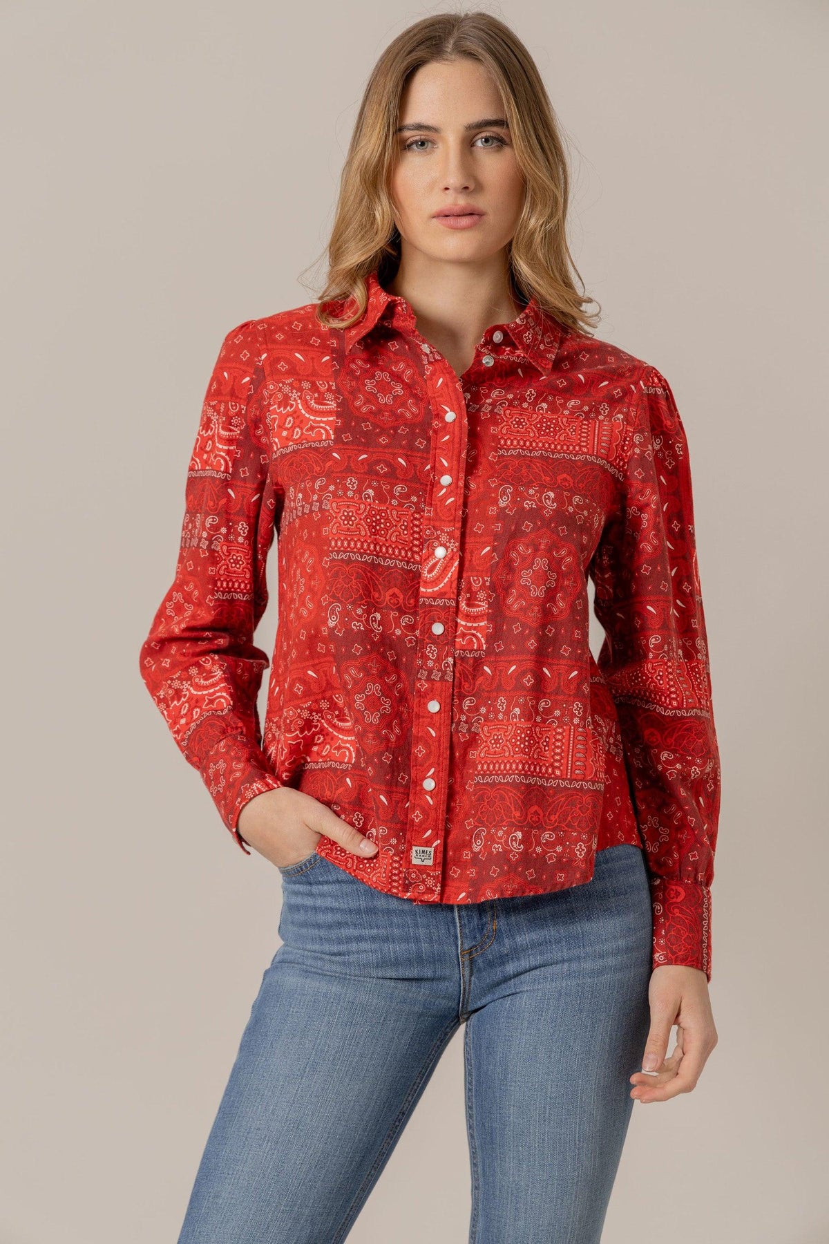 Kimes Ranch Winnie long sleeve button front top in Red with a white bandana print and front pockets