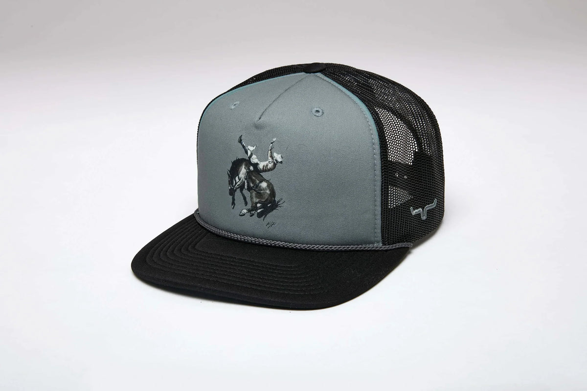 Kimes Ranch Winning Ride, side view, Grey trucker hat with black mesh back