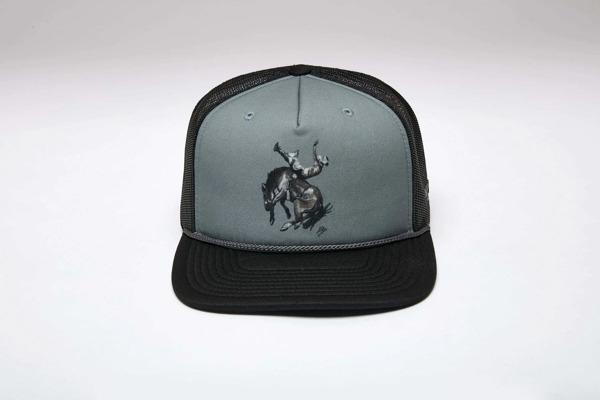 Kimes Ranch Winning Ride Grey trucker hat with black mesh back and embroidered rodeo graphic on front