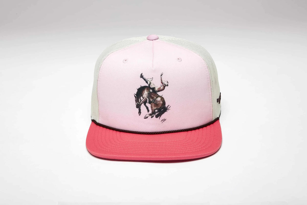 Kimes Ranch Winning Ride hat with Pink front panel, Pink brim, and mesh back featuring a rodeo graphic