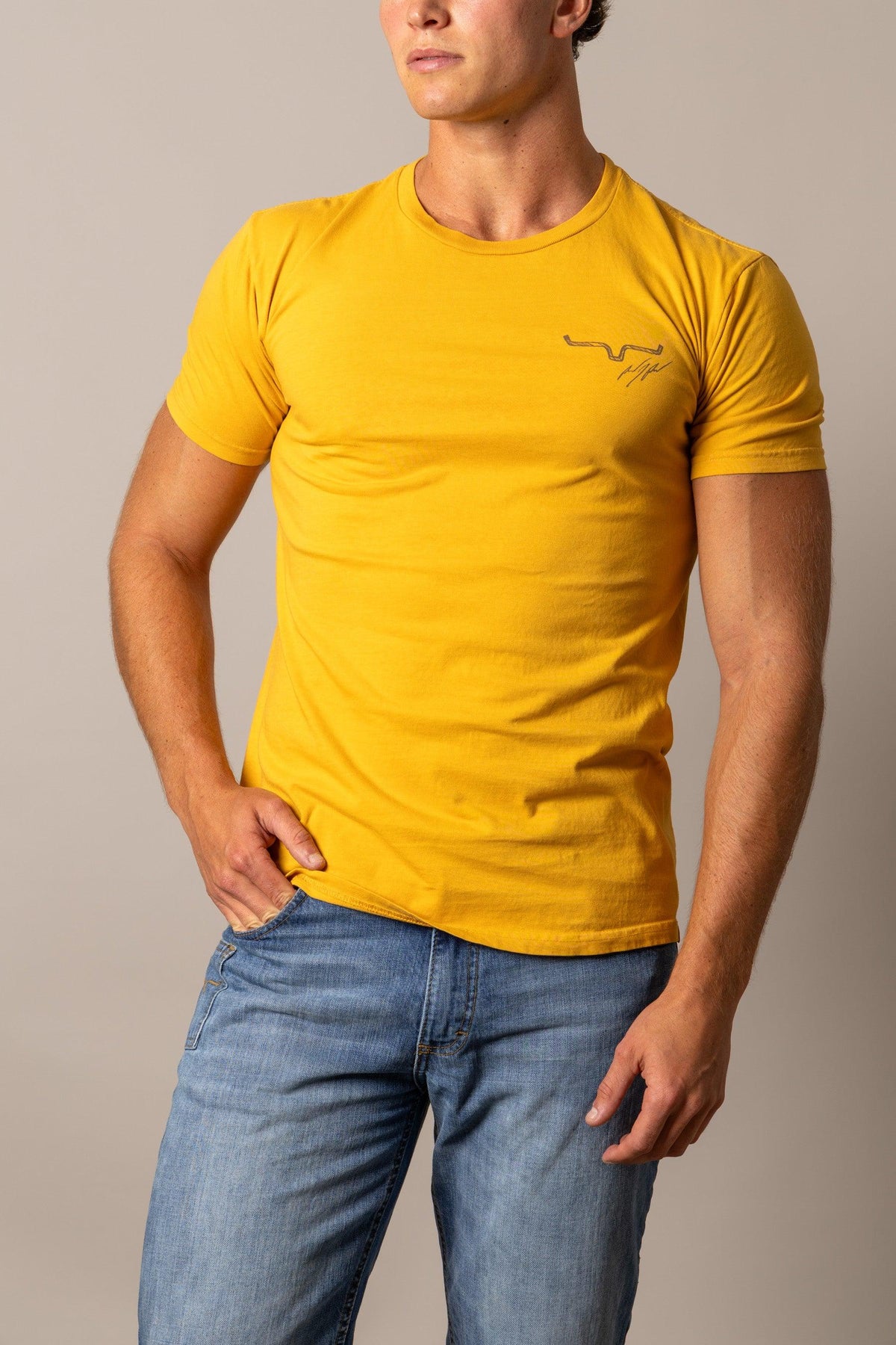 Kimes Ranch Winning Ride RP shirt in Yellow Ochre with a crew neck and the Kimes Ranch logo on the chest