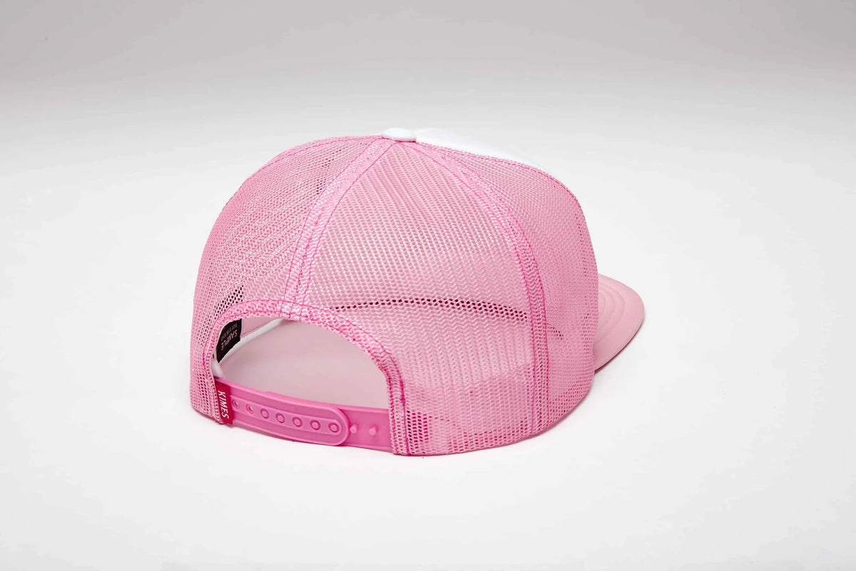 Kimes Ranch Wood Block hat in Pink, back view, with mesh back and adjustable strap
