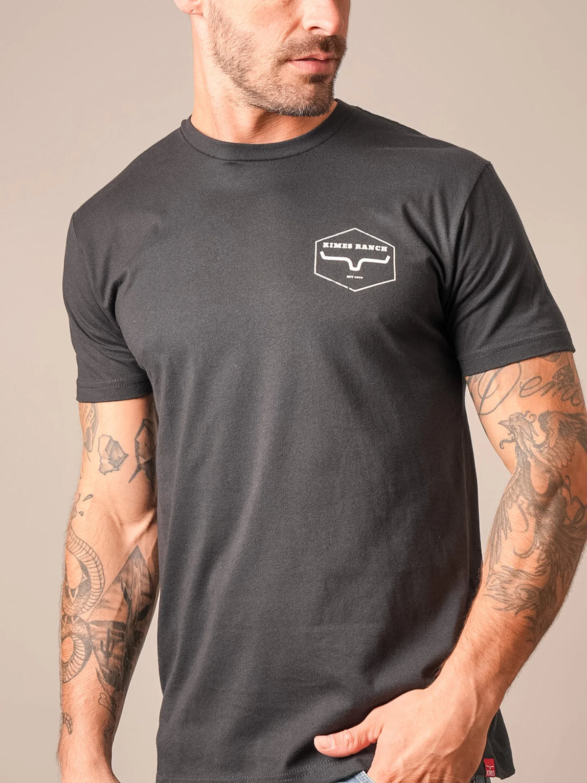 Kimes Ranch Wooden Hex shirt in Black with a white hexagon logo on the chest
