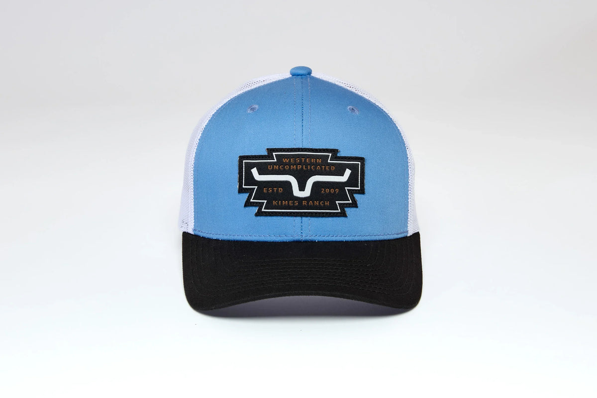 Kimes Ranch Woodland hat in Blue with white mesh back and black brim featuring the Kimes Ranch logo