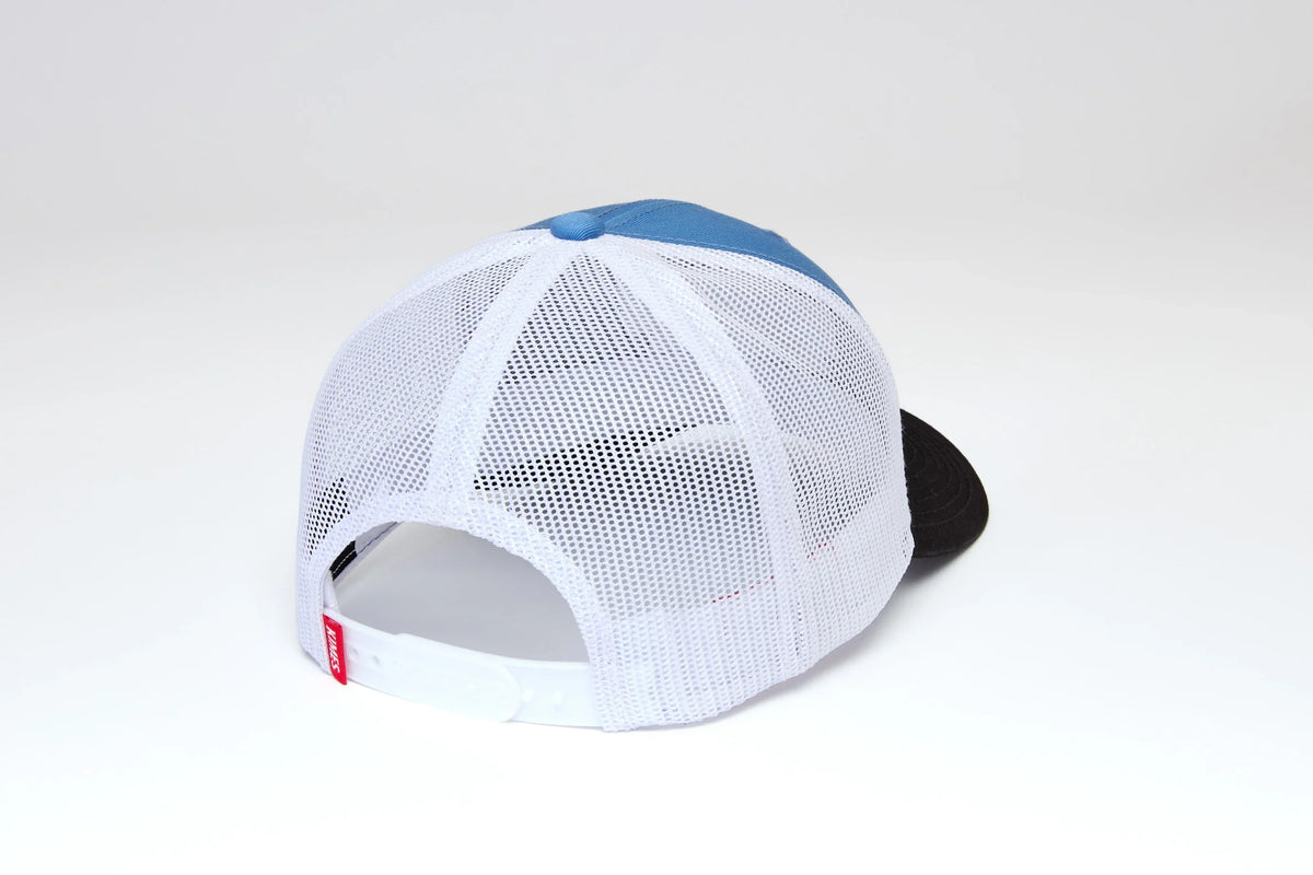 Kimes Ranch Woodland, back view, hat with Blue front panels and white mesh back