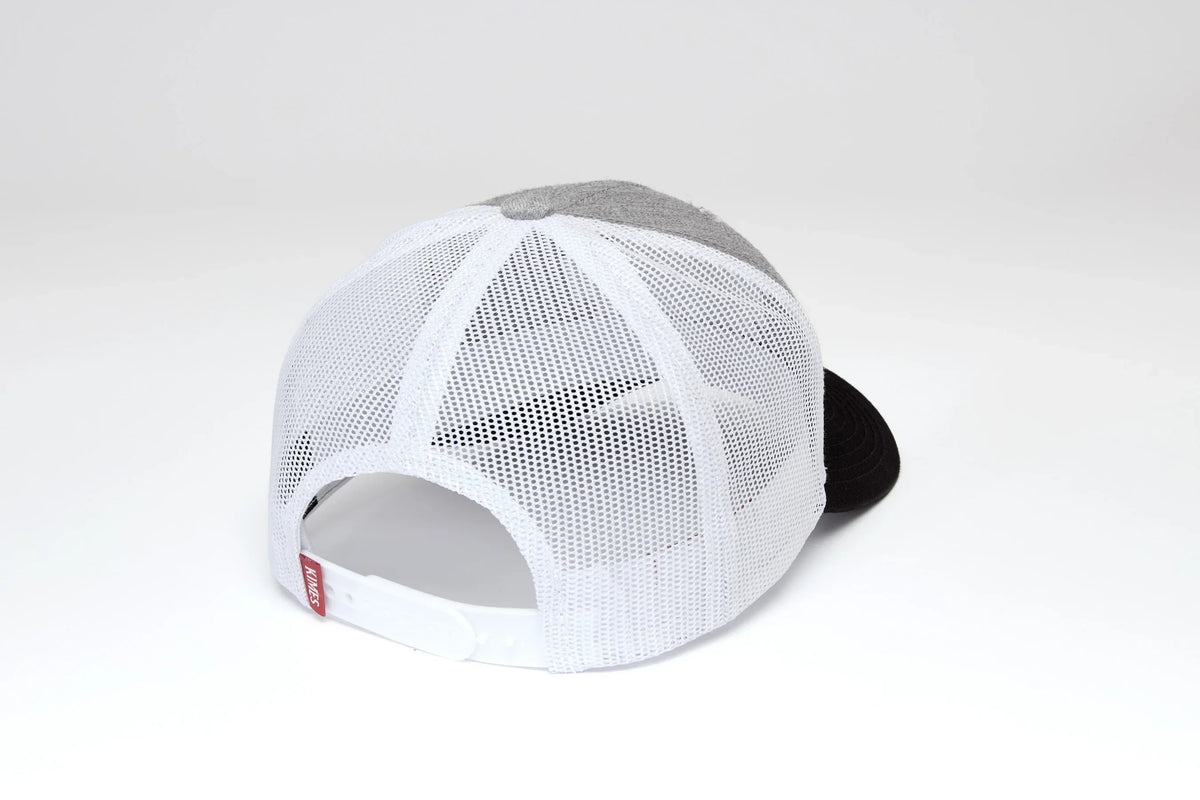 Kimes Ranch Woodland, back view, hat with Grey Heather front and white mesh back with black brim