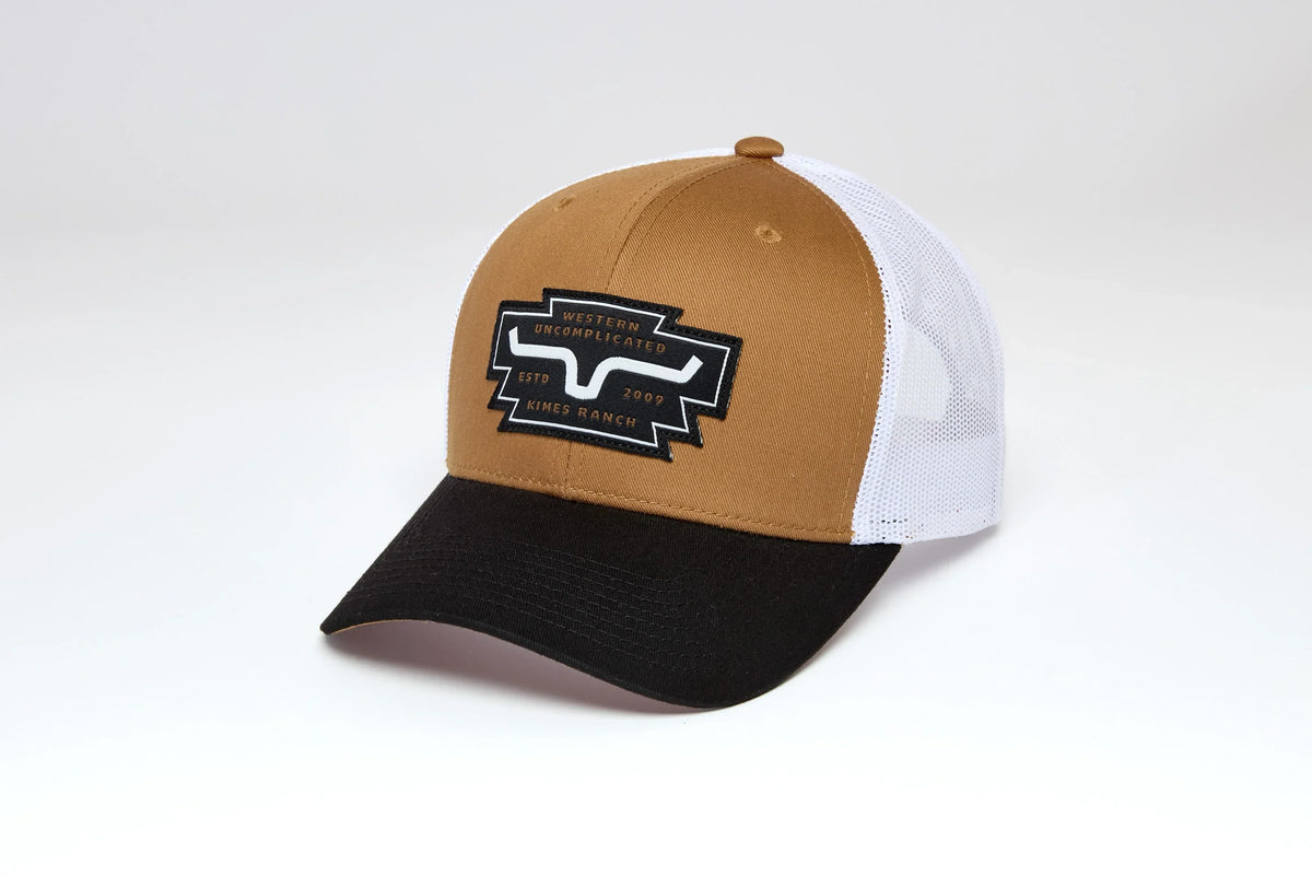 Kimes Ranch Woodland hat in Work Wear Brown, side view, with white mesh back and black brim featuring the Kimes Ranch logo