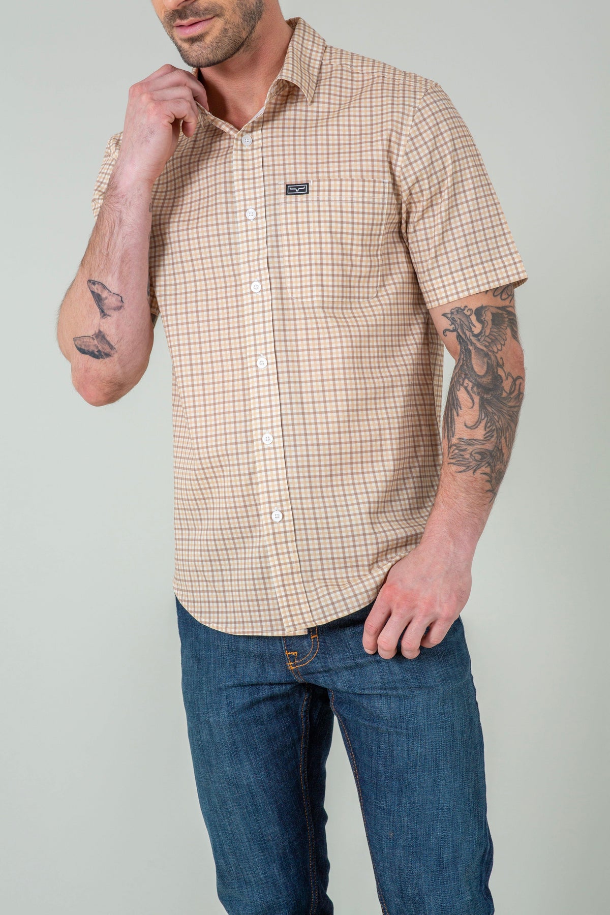 Kimes Ranch Tucco Mini Check Dress Shirt in Khaki with short sleeves and a chest pocket