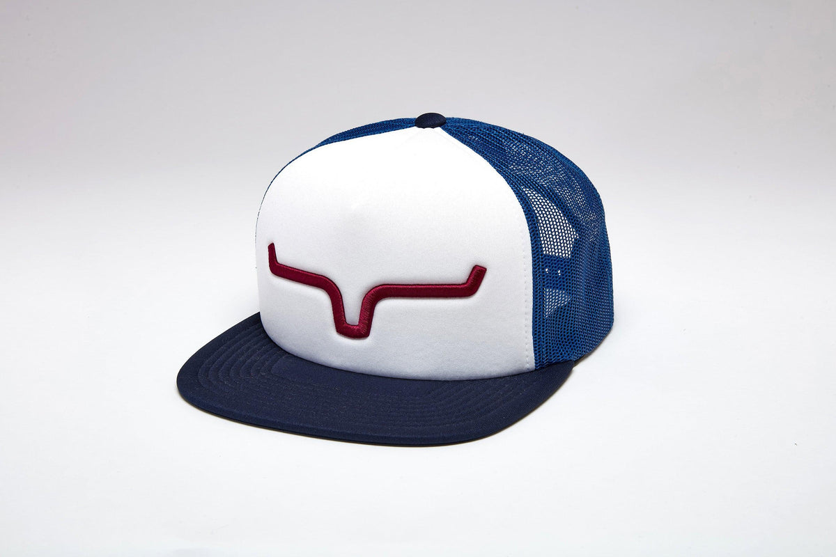Kimes Ranch Yeakley, side view, hat with white front panel, Navy mesh back, Navy brim, and red embroidered logo