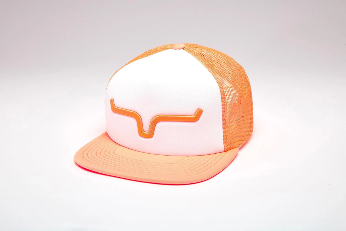 Kimes Ranch Yeakley hat in Orange, side view, with a white front panel and Orange mesh back