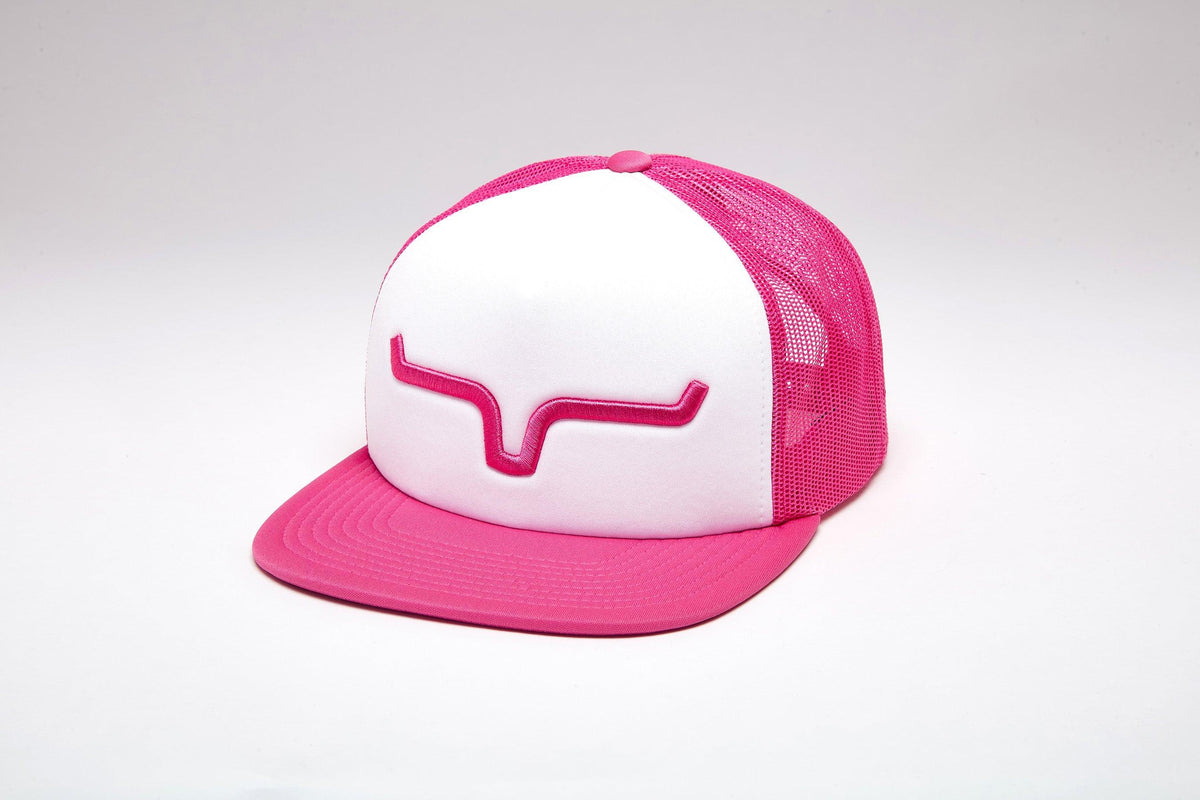 Kimes Ranch Yeakley hat in Pink, side view, with a white front panel and embroidered Kimes Ranch logo