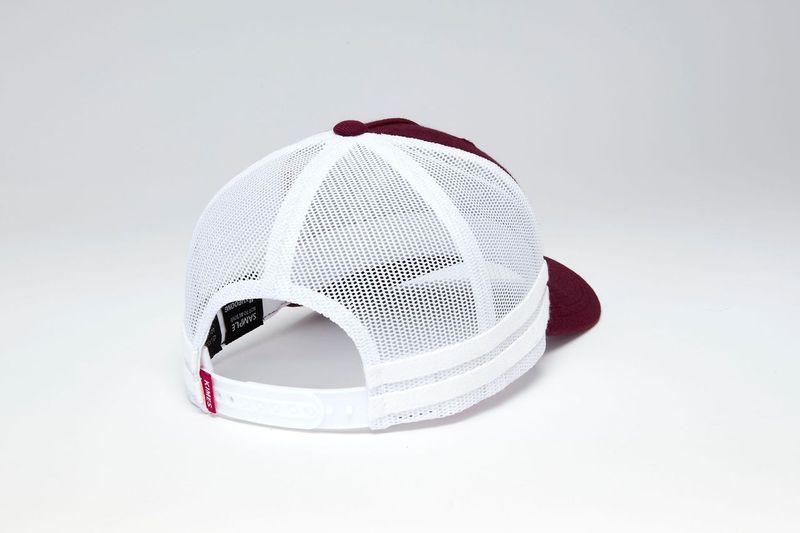 Kimes Ranch Cantor hat in Burgundy, back view, with white mesh back and adjustable strap
