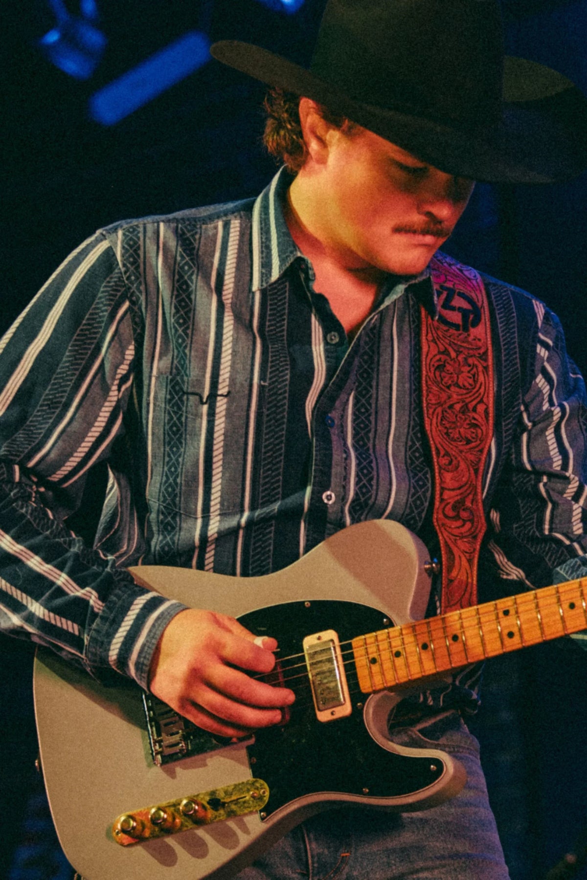 Kimes Ranch Tombstone dress shirt in blue with white stripes and a chest pocket