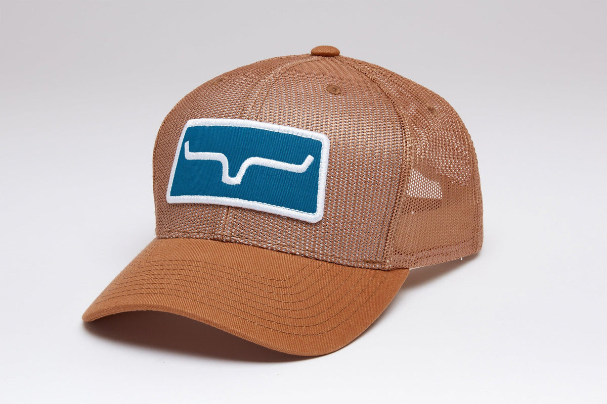 Kimes Ranch All Mesh Trucker Hat in Brown with a teal and white logo patch on the front