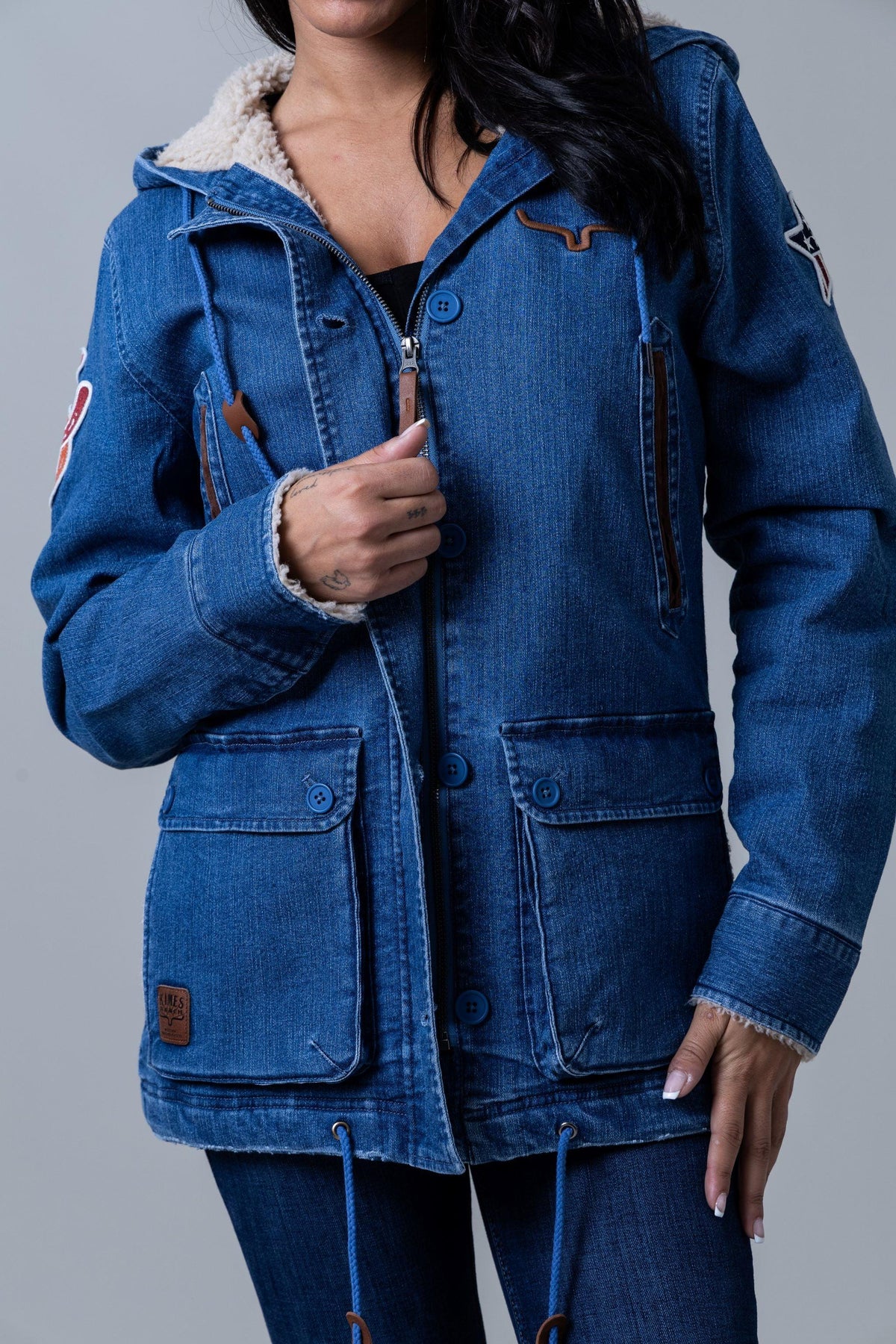 Kimes Ranch AWA Jacket in Light Wash Indigo with sherpa hood lining and front flap pockets