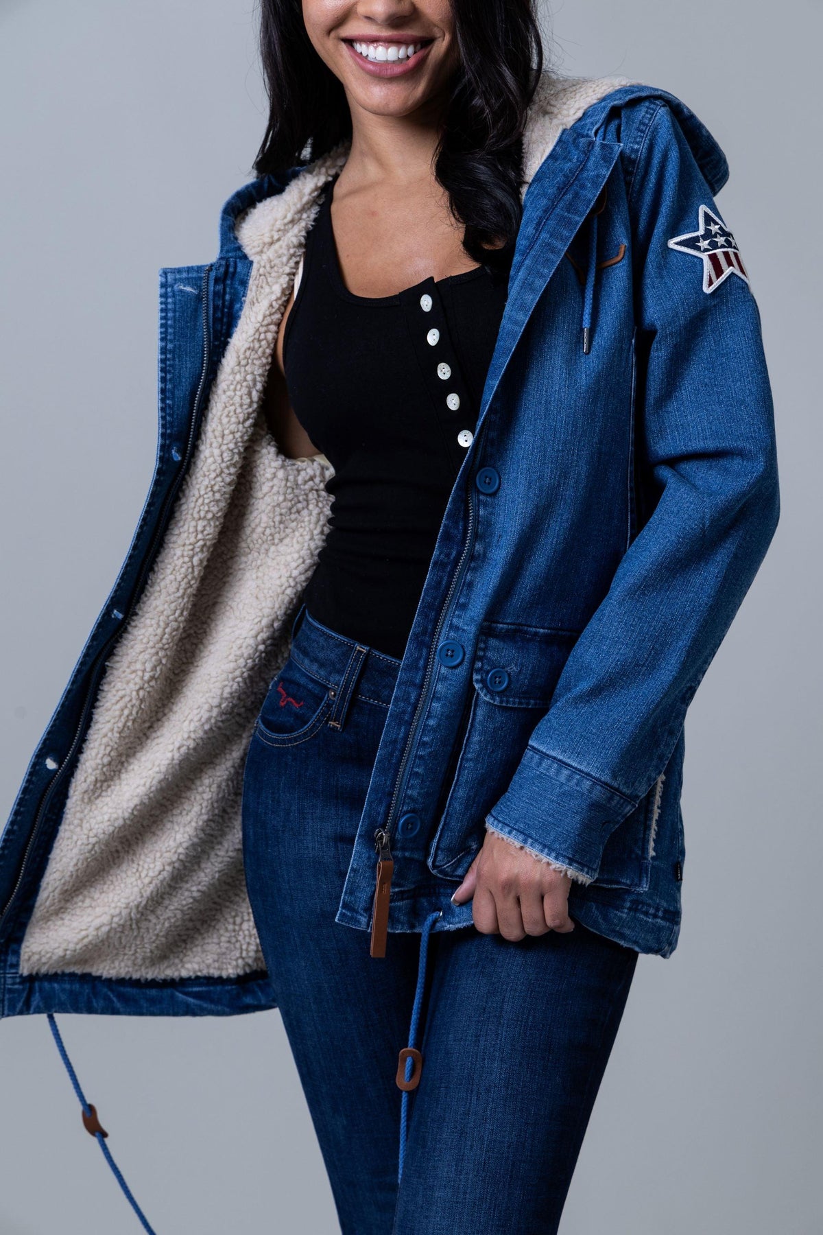 Kimes Ranch AWA Jacket in Light Wash Indigo with sherpa lining and star patch