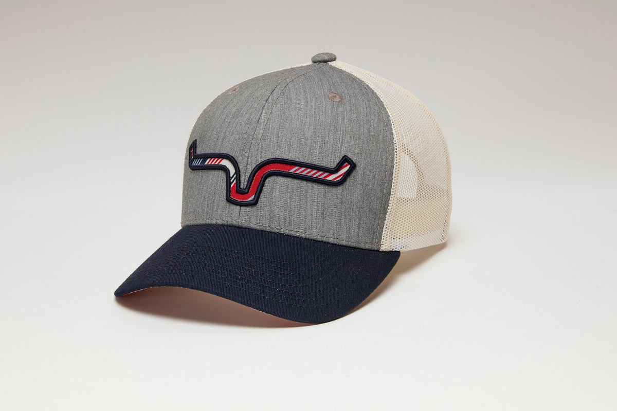 Kimes Ranch Anson Trucker Hat in Grey Heather with a navy brim and embroidered logo