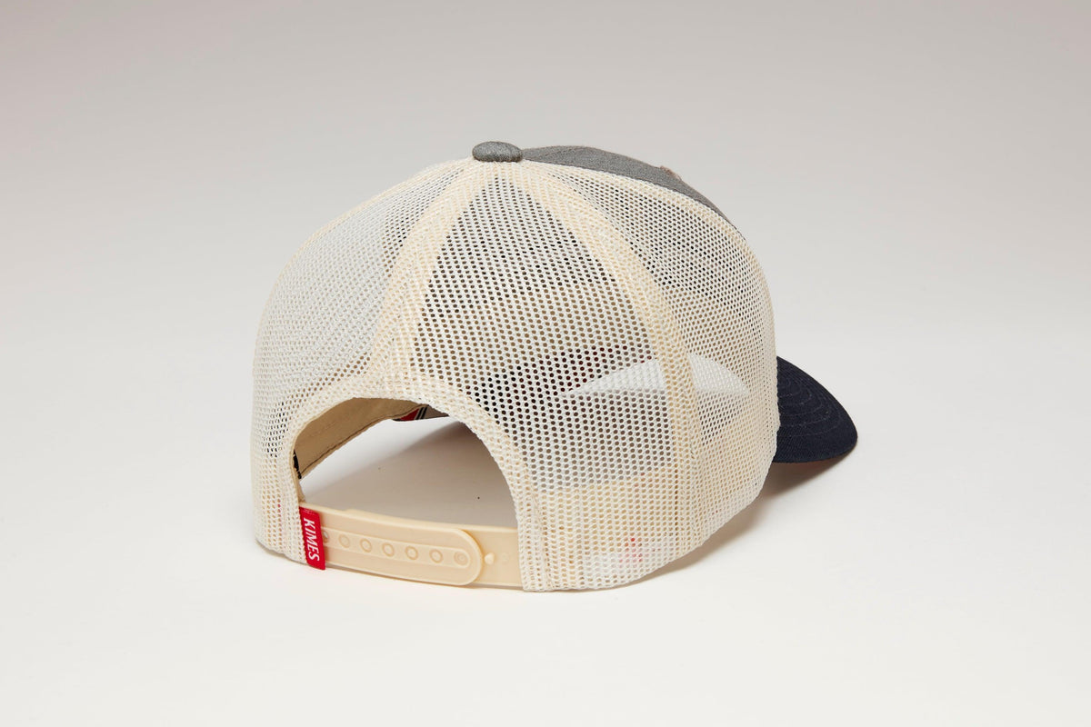 Kimes Ranch Anson Trucker Hat in Grey Heather, back view, with cream mesh back and adjustable strap