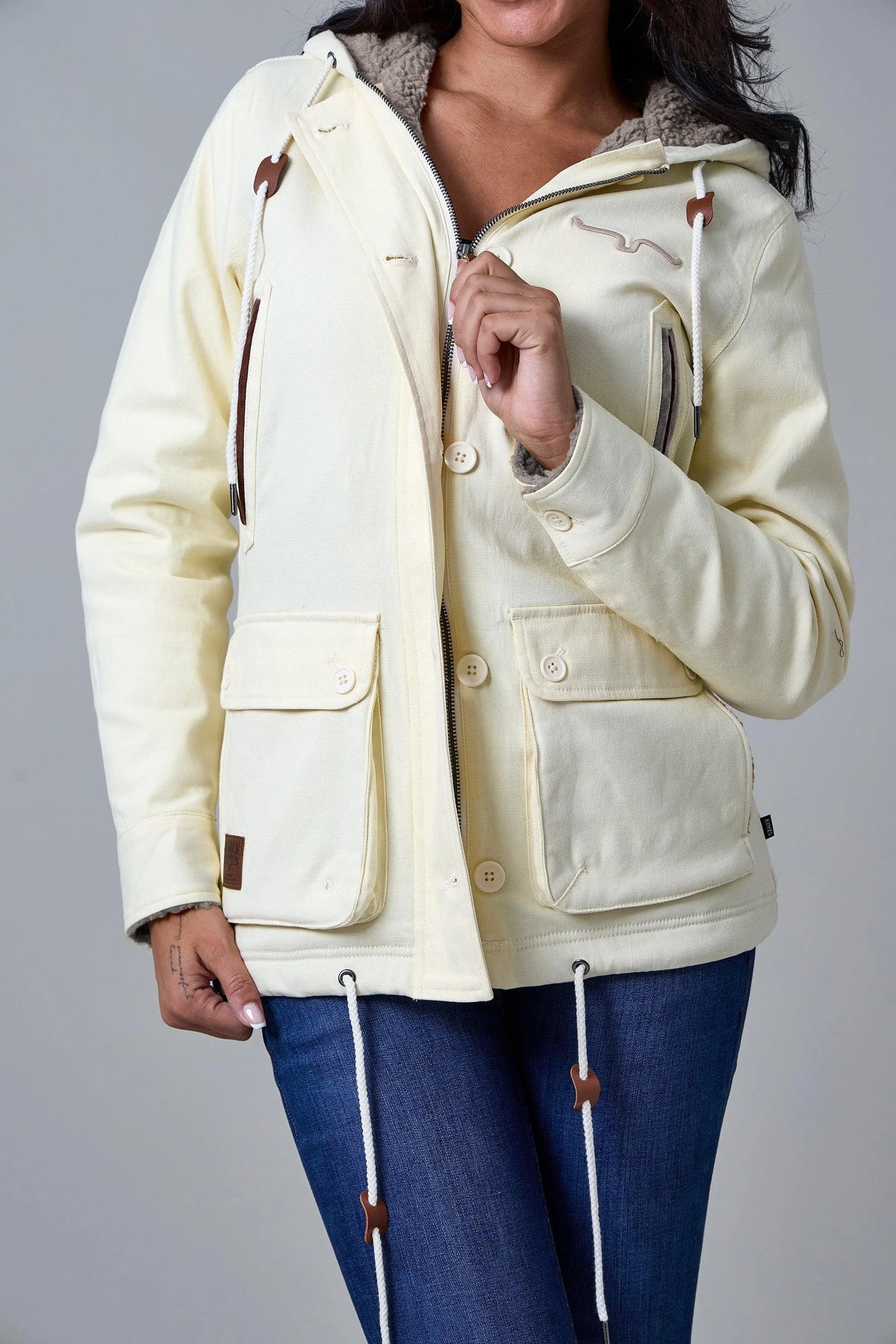 Kimes Ranch AWA Jacket in Natural with a hood, front button placket, and large flap pockets