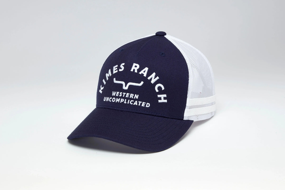 Kimes Ranch Cantor hat in Navy, side view, with white mesh back and embroidered Kimes Ranch logo