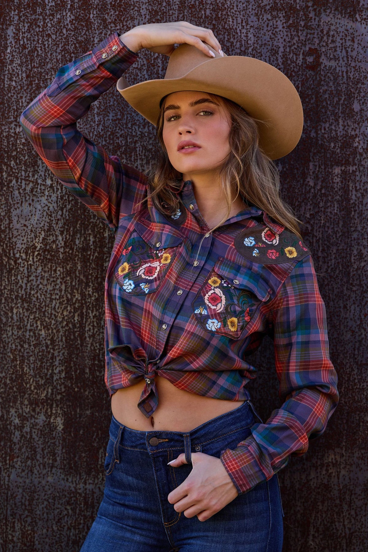 Kimes Ranch Bailey top in Cocoa with floral embroidery on the front pockets and yoke