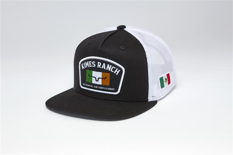 Kimes Ranch Bandera Trucker hat in Black with a front patch featuring the Kimes Ranch logo and a Mexican flag