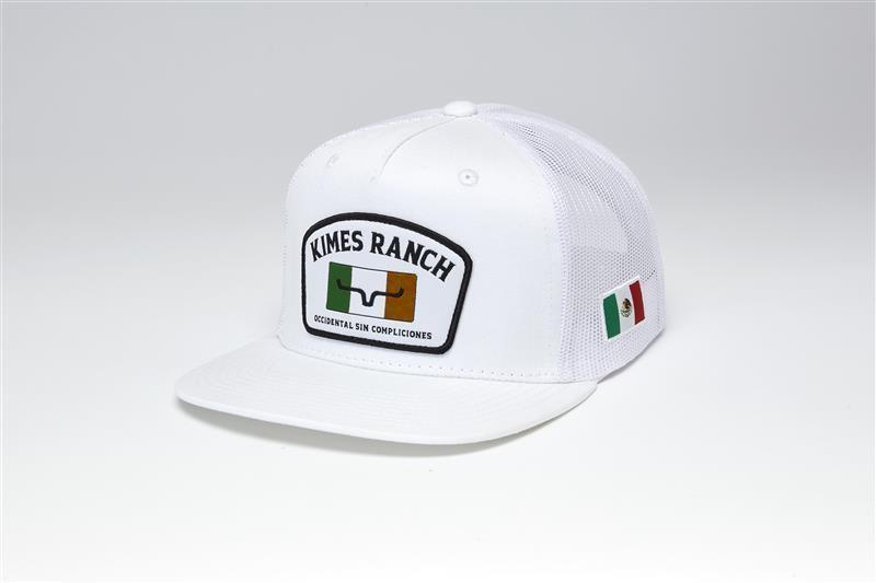 Kimes Ranch Bandera Trucker hat in White with a front patch and Mexican flag on the side