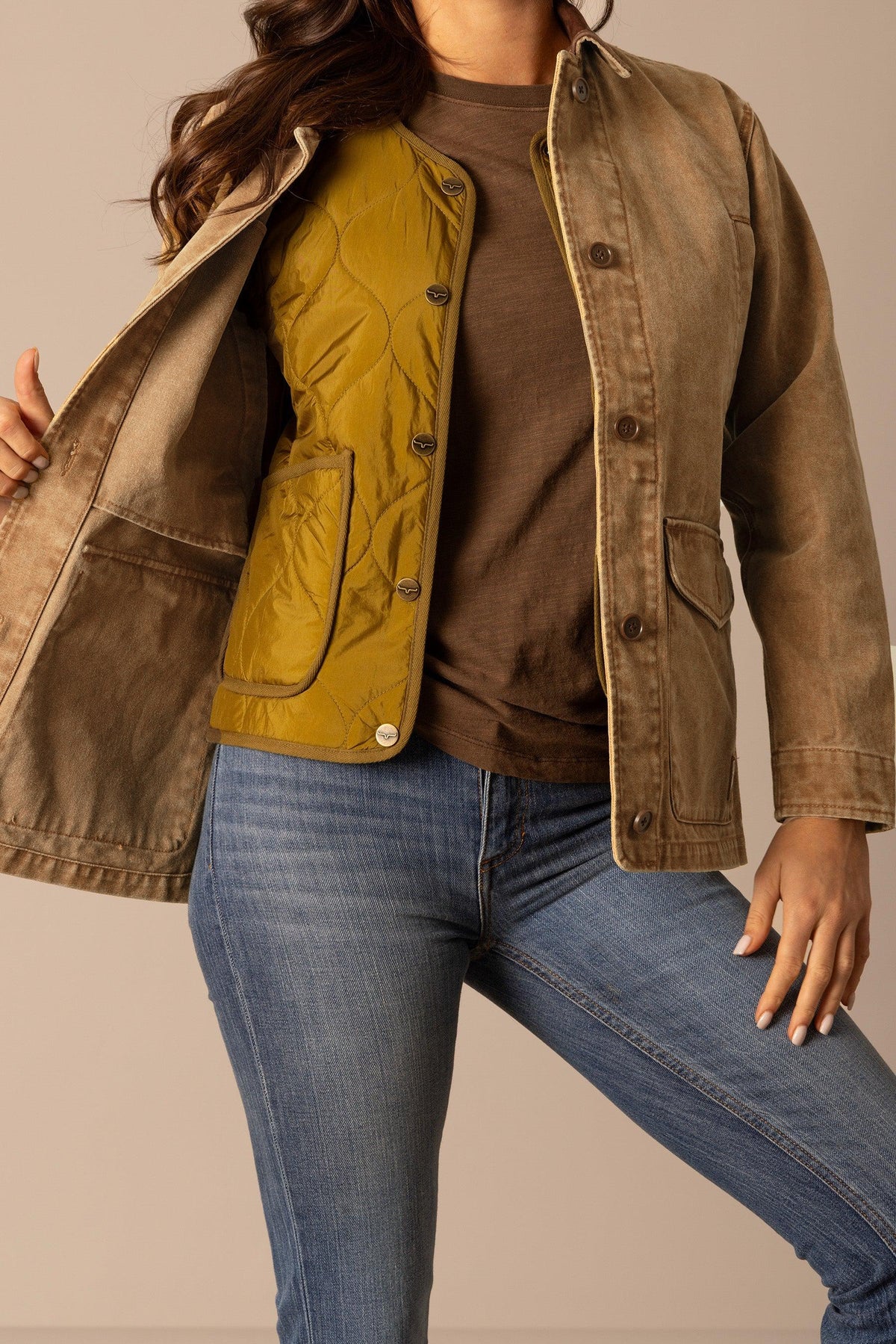 Kimes Ranch Blake Field Coat in Work Wear Brown with a mustard quilted interior lining and front pockets