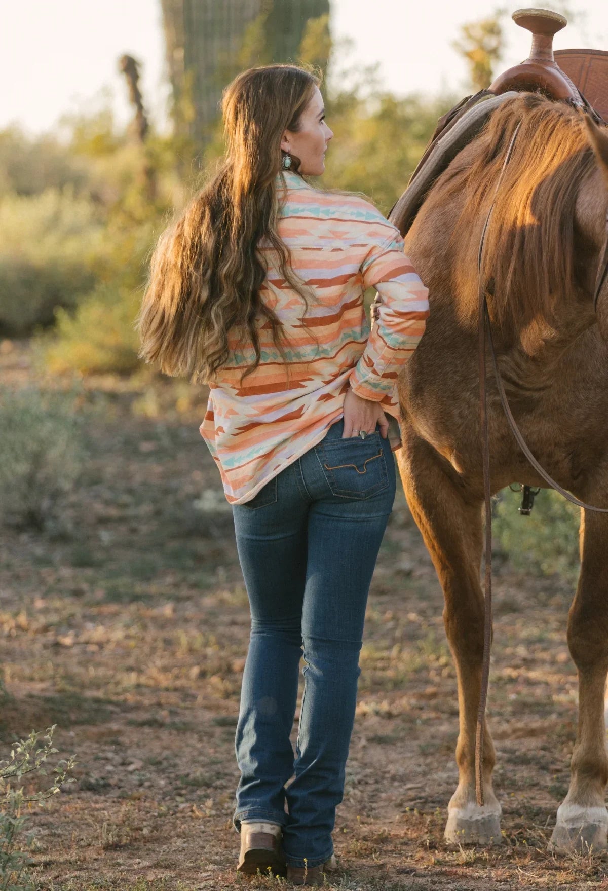 Kimes Ranch Betty17, back view, jeans in blue with back pockets and contrast stitching