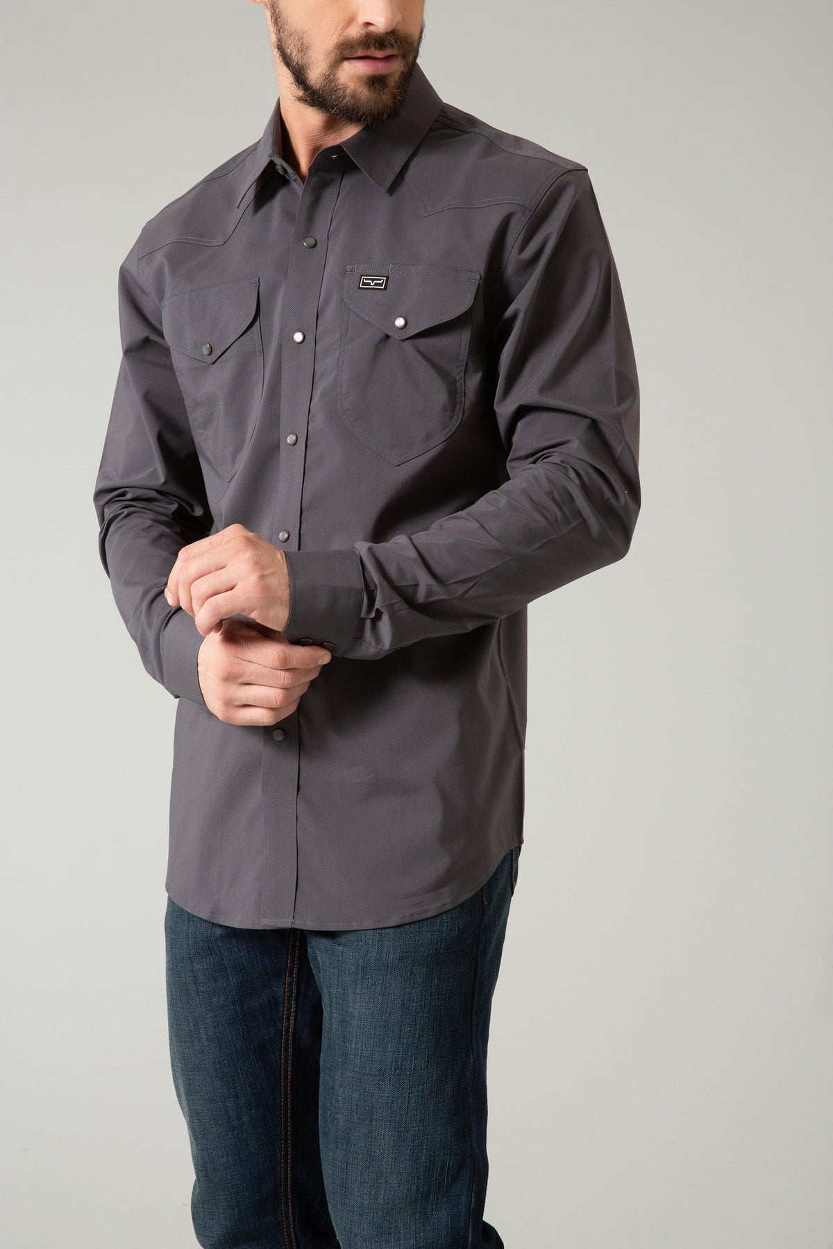 Kimes Ranch Blackout Dress Shirt in Charcoal with western yoke, two chest pockets, and long sleeves