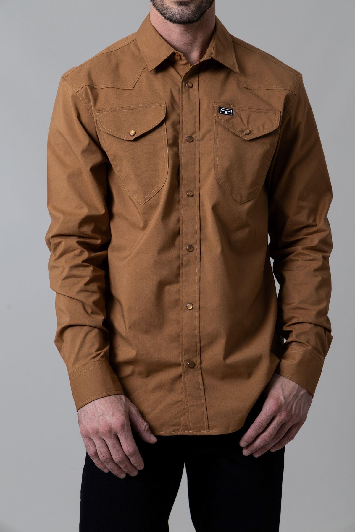Kimes Ranch Blackout Dress Shirt in Work Wear Brown with snap front and chest pockets