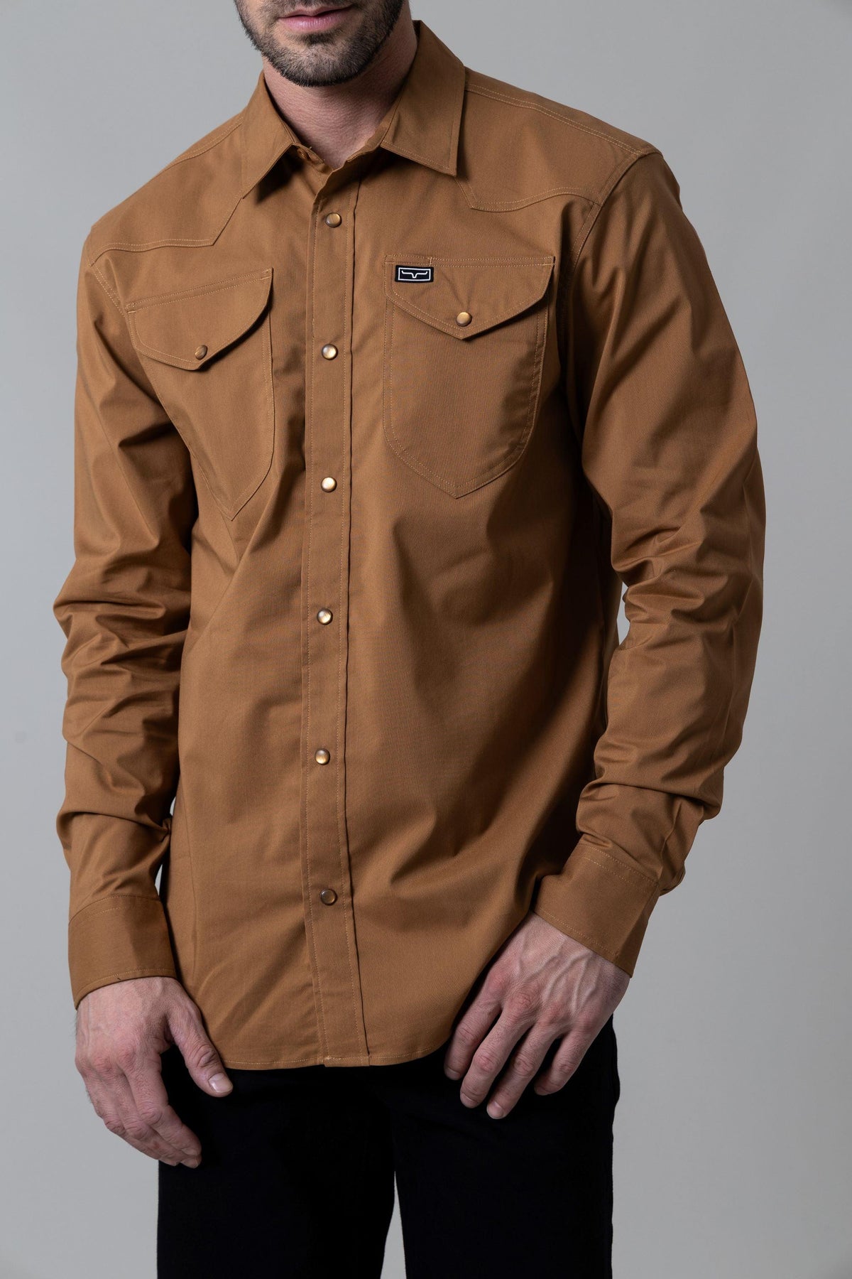 Kimes Ranch Blackout Dress Shirt in Work Wear Brown with chest pockets and a logo patch